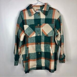 Shacket jade green and coral plaid long sleeve button down XS
